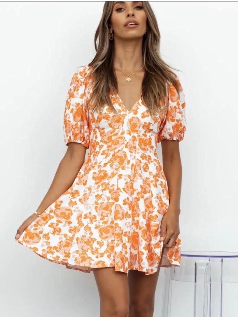 Hello Molly Orange Floral V-Neck Puff Sleeve Mini Dress Size 6 M